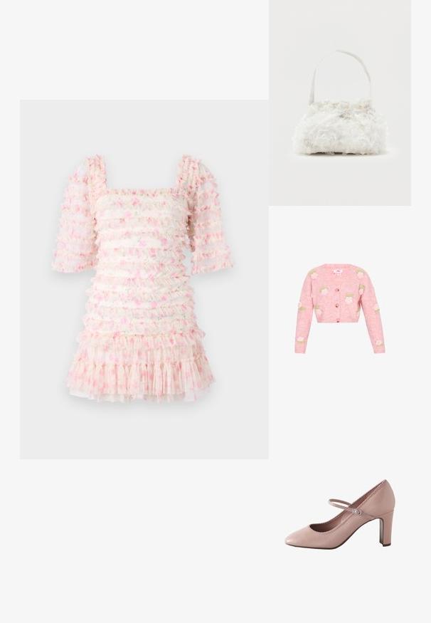 Lyserød strikket cardigan med V-hals, der har broderede rosendesigner i hvid og grøn. Lynlås foran og lange ærmer.; Rynket kjole med firkantet halsudskæring og puffede ærmer, lavet af gennemsigtigt stof med lyserøde blomster mønstre og lagdelte flæser i kanten.; Lyserød læderhøjhælet sko med rundet tå, ankelrem og bølget kant. Har en slank blokhæle for støtte.; Lille hvid håndtaske med stofroser, der dækker kroppen, og et tyndt enkelt skulderremshåndtag på en ensfarvet baggrund.