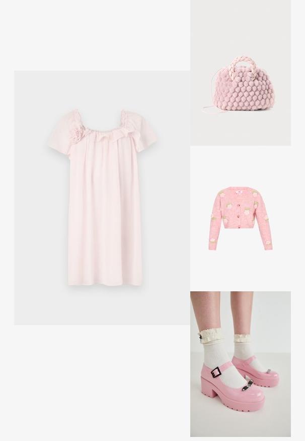Lyserød strikket cardigan med V-hals, der har broderede rosendesigner i hvid og grøn. Lynlås foran og lange ærmer.; Lyserød kjole lavet af blødt stof, med puffede ærmer, en flæset halsudskæring og blomstermotiver på den ene skulder.; Lyserøde patenterede platformsko med rund tå, justerbar spænde og sorte katteøje-detaljer, sammen med hvide ribbede sokker med volangkanter.; Lyserød pom-pom tekstureret håndtaske med et flet håndtag og en tynd rem. Rund form, blød overflade, kompakt design.