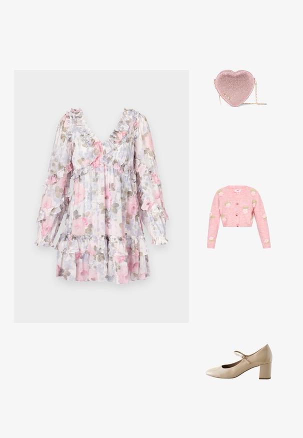 Cárdigan de punto rosa con escote en forma de V, que presenta diseños de rosas bordadas en blanco y verde. Cierre con botones en la parte delantera y mangas largas.; Vestido floral con rosas rosas y grises sobre un fondo claro. Cuenta con escote y mangas con volantes, y un dobladillo en capas y con vuelos.; Zapato Mary Jane de charol beige con puntera redonda, tira ajustable sobre el empeine y tacón medio de bloque.; Pequeño bolso rosa en forma de corazón con textura de purpurina, cremallera dorada, logo en escritura y una cadena dorada.