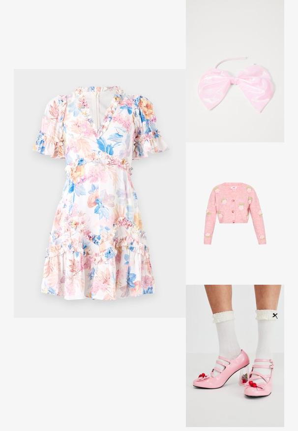 Lyserød strikket cardigan med V-hals, der har broderede rosendesigner i hvid og grøn. Lynlås foran og lange ærmer.; Blomstret kjole med hvid bund, prydet med lyserøde, blå og gule blomster. Rynkede detaljer ved ærmer og nederkant, v-udskæring og en tætsiddende talje.; Lyserøde laklæderhæle med rund tå, tre remme og kirsebærpynt. Klart blokhæl med blomsterdekorationer. Hvide ribbede sokker.; Lyserød, blank hårtilbehør formet som en stor sløjfe, med en glat overflade og et tyndt bånd til at sikre den på plads.