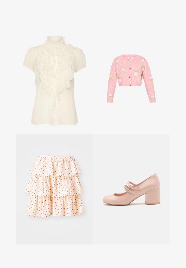 Cardigan tricoté rose avec un col en V, orné de motifs de roses brodés en blanc et vert. Fermeture à boutons sur le devant et manches longues.; Blouse crème en tissu léger, avec un devant à volants, un col haut, des manches courtes et un fermoir à boutons.; Jupe à volants en tissu crème clair avec des pois rouges. Elle présente trois couches de volants au bas et une taille élastique.; Chaussures à talons hauts en cuir verni rose avec un bout arrondi, deux sangles à boucle réglables et un talon block transparent et épais.