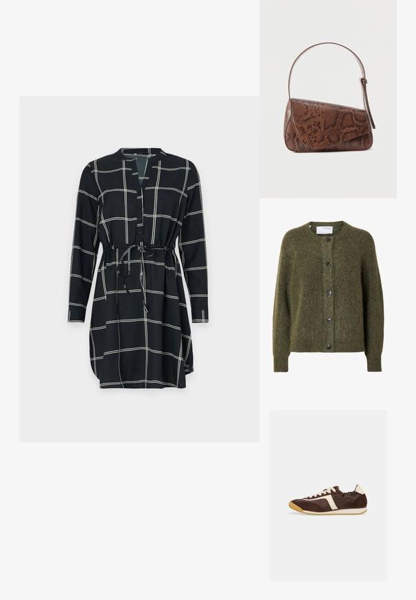 Mørk olivengrøn, blød cardigan med knapper, lange ærmer og rund halsudskæring, mærket "SELECTED FEMME" indeni kraven.; Sort kjole med et gittermønster i hvid, lange ærmer, knaplukning foran og beltedolkning for justerbar pasform. Glat stoftekstur.; Brun og beige lavtop-sneaker med hvide snørebånd, ruskind og stofoverdel samt sål i gummigummi, vist i profil, højre side.; Brun skuldertaske i læder med slangeskindsmønster, lukkes med klap og har en enkelt justerbar rem mod en ensfarvet baggrund.