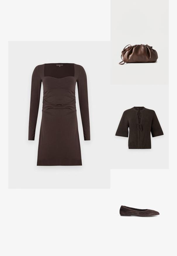 Brun strikket cardigan med korte ærmer, med rund hals og bindebånd foran. Glat overflade, minimalistisk design.; Brun, langærmet kjole med firkantet uddybning og indsamlet detaljering i taljen. Glat tekstur, knælængde og tætsiddende design.; Brune ruskinds ballerina med spids tå og lav profil. Har en glat tekstur og minimalistisk design. Ingen synlig hardware eller accenter.; Blød brun læderpung med samlet top og tynd strop, hvilende på hvid baggrund.