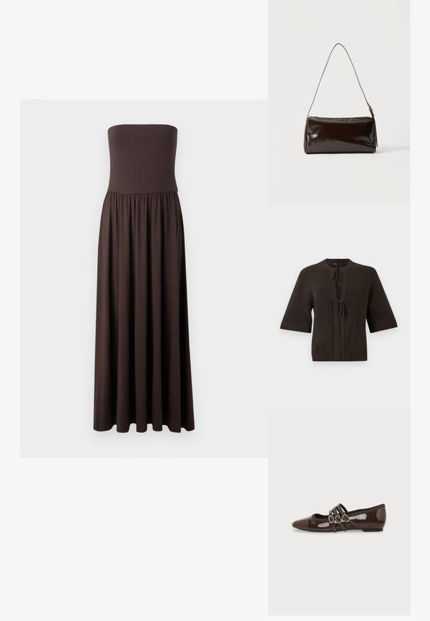Cárdigan marrón de punto con mangas cortas, que presenta un escote redondo y cierre con lazo en la parte delantera. Textura suave, diseño minimalista.; Vestido maxi marrón sin tirantes, hecho de una tela suave, con un corsé ajustado y una falda fluida y recogida que permite una fácil movilidad.; Zapato plano de charol marrón con punta en forma de pico y tres correas ajustables con hebilla en el lateral, mostrado desde el perfil exterior.; Bolso de hombro rectangular de cuero marrón oscuro con una única correa delgada y hebilla dorada sobre un fondo liso.
