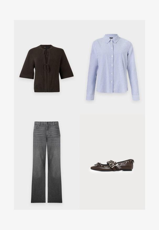 Cardigan en tricot marron à manches courtes, avec un col rond et un système de fermeture à nouer à l'avant. Texture lisse, design minimal.; Chemise à manches longues boutonnée, avec des rayures verticales blanches et bleu clair et un col pointu, présentée sur un fond uni.; Jean en denim gris à jambes larges avec un lavage moyen, présentant un design à cinq poches, une fermeture à bouton sur le devant et des détails de couture subtils.; Chaussure plate en cuir marron foncé avec bout pointu, doubles brides à boucles argentées, œillets métalliques et nœud décoratif à l'avant.