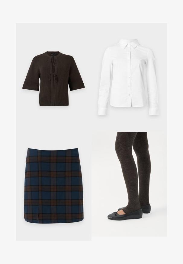Brun strikket cardigan med korte ærmer, med rund hals og bindebånd foran. Glat overflade, minimalistisk design.; Hvid skjorte med lange ærmer, knapper, spids krave, lige kant og tætsiddende silhuet, vist på en ensartet lys baggrund.; Marineblåternet mini nederdel med brune og grå striber, lavet af et glat stof, med en diskret slids bagpå for let bevægelse.; Ben iført mørke ribbede leggings kombineret med sorte balletsko med små sløjfedetaljer på hvid baggrund.