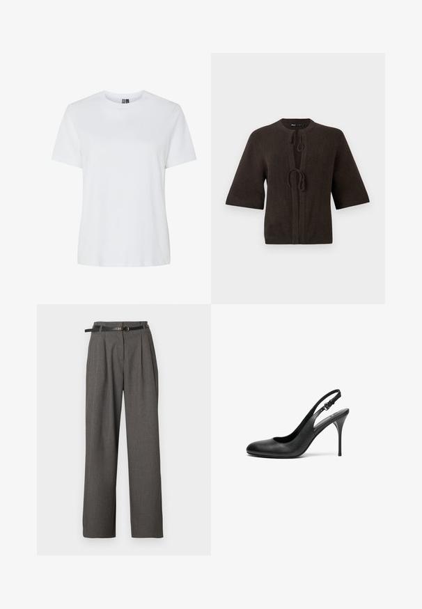 Cárdigan marrón de punto con mangas cortas, que presenta un escote redondo y cierre con lazo en la parte delantera. Textura suave, diseño minimalista.; Camiseta de algodón blanca con mangas cortas y escote redondo. Textura suave, corte relajado y sin patrones ni acentos visibles.; Pantalones de vestir grises de talle alto con pliegues y bolsillos laterales, combinados con un cinturón negro fino con hebilla redonda dorada.; Zapato de tacón negro de piel con punta afilada, tacón delgado y ajustable. Textura suave y diseño minimalista.