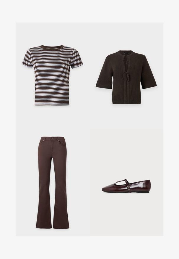 Cardigan en tricot marron à manches courtes, avec un col rond et un système de fermeture à nouer à l'avant. Texture lisse, design minimal.; T-shirt court à manches courtes rayé horizontalement marron et blanc avec un col rond sur fond uni.; Jean taille haute marron foncé avec fermeture par bouton et fermeture éclair, poches avant, et jambes évasées sur un fond uni clair.; Chaussure plate en cuir bordeaux foncé avec un bout pointu et une fine bride en T avec une boucle argentée sur fond blanc.