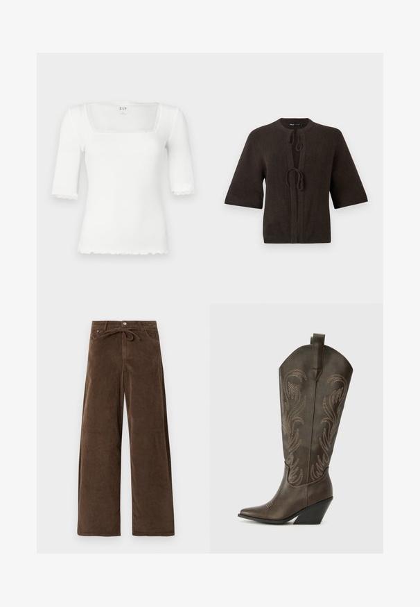 Cardigan en tricot marron à manches courtes, avec un col rond et un système de fermeture à nouer à l'avant. Texture lisse, design minimal.; Haut blanc ajusté avec un décolleté carré et des manches courtes. Présente une bordure en dentelle le long du col et des bords des manches. Confectionné dans un matériau côtelé.; Pantalons en velours côtelé marron à jambes larges avec un bouton à l'avant et une ceinture en tissu nouée à la taille, dotés de poches avant.; Botte de cowboy en cuir marron avec un embout pointu, un talon compensé et des broderies décoratives. Dispose d'un long tige et d'une languette de tirage.