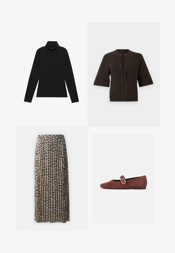 Bruine gebreide cardigan met korte mouwen, voorzien van een ronde hals en striksluiting aan de voorkant. Glad textuur, minimalistisch ontwerp.; Zwarte langetermijn turtleneck. Zachte stof, getailleerd design, hoge kraag en zijnaad. Eenvoudige en veelzijdige stijl die geschikt is voor het laagjes dragen.; Plissé midi-rok van een lichtgewicht stof, met een luipaardprintpatroon in tan en zwart, een elastische tailleband en gestructureerde plooien.; Bruine suède Mary Jane platte schoen met een gouden gespsluiting en zwarte zool op een witte achtergrond.