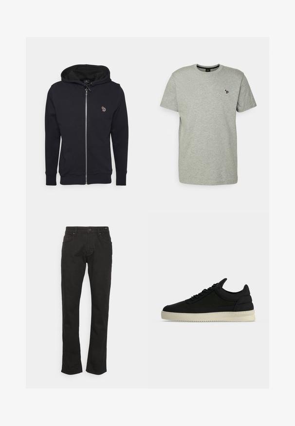 Čierna mikina na zips vyrobená z mäkkej textílie, so sťahovacou kapucňou a malým vyšitým dizajnom na hrudi. Rybkované manžety a lem.; PS Paul Smith MENS SLIM FIT ZEBRA - Základné tričko - grey; JOOP! Jeans MITCH - Džínsy s rovným strihom - black; Čierna nízka teniska s čiernymi šnúrkami a hrubou krémovou podrážkou, zobrazená v pravom bočnom profile na jednofarebnom pozadí.