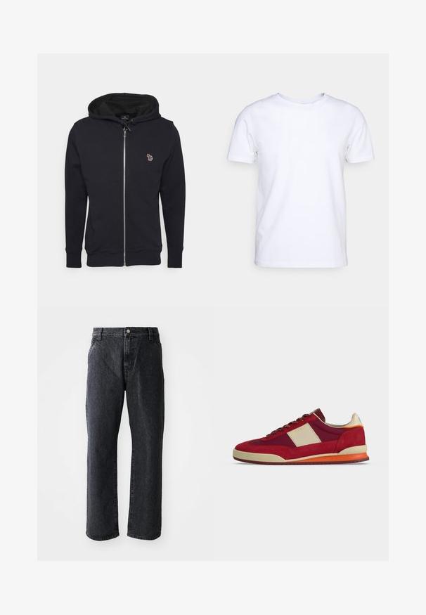 Schwarze Zip-Hoodie aus weichem Material, mit einer Kapuze mit Kordelzug und einem kleinen gestickten Design auf der Brust. Gerippte Bündchen und Saum.; Weißes T-Shirt mit kurzen Ärmeln aus Baumwollstoff und rundem Halsausschnitt. Schlichtes Design ohne Muster oder Akzente. Glatte Textur.; Schwarze Denim-Jeans mit geradem Schnitt, ausgestattet mit einem Knopfverschluss, fünf Taschen und subtiler Textur. Klassisches Design ohne auffällige Muster.; Niedriger Sneaker aus rotem Wildleder und Stoff mit beigem Seitenpanel, orangen Akzenten und brauner Gummisohle, Seitenansicht vor weißem Hintergrund.