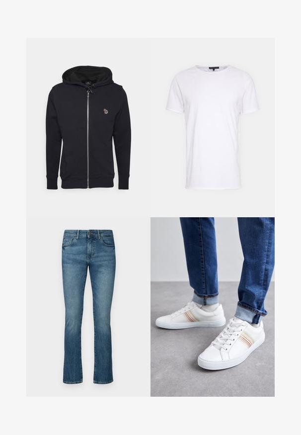 Sort lynlåshoodie lavet af blødt stof, med en hætte med snørebånd og et lille broderet design på brystet. Ribbet manchetter og kant.; Hvid bomulds t-shirt med rund halsudskæring, korte ærmer og lige snit. Har en enkel, glat overflade uden yderligere mønstre.; Mørkeblå denim jeans med lige ben-design, der har diskret slid, fem-lommestil og en knaplukning i taljen.; Hvide lædersneakers med multicolore striber, snørebåndsdesign, gummisål og polstret krave, parret med blå denimjeans.