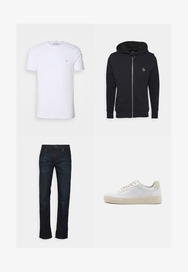 Schwarze Zip-Hoodie aus weichem Material, mit einer Kapuze mit Kordelzug und einem kleinen gestickten Design auf der Brust. Gerippte Bündchen und Saum.; Weißes Baumwoll-T-Shirt mit kurzen Ärmeln, das ein kleines orangefarbenes "II"-Logo auf der linken Brust und einen Rundhalsausschnitt aufweist. Einfaches Design und Textur.; Dunkelblaue Denim-Jeans mit geradem Schnitt, ausgestattet mit einem klassischen Fünf-Taschen-Design, Messingbeschlägen und subtilen Verblassungen auf den Oberschenkeln.; Weiße Sneaker mit einem glatten Lederobermaterial, beigen Schnürsenkeln und einer strukturierten, beigen Wildleder-Fersenschlaufe. Erhöhte Sohle für zusätzlichen Komfort.