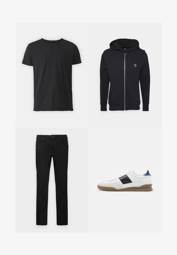 Zwarte ritssluiting hoodie gemaakt van zachte stof, met een capuchon met trekkoord en een klein geborduurd ontwerp op de borst. Geribde cuffs en zoom.; Zwarte korte mouwen t-shirt gemaakt van zacht katoen, met een klassieke ronde halslijn en een gladde textuur, met een rechte snit.; Zwarte rechte broek met knopen en rits aan de voorkant, riemlussen en een ontwerp met vijf zakken op een witte achtergrond.; Witte sneaker met zwarte en blauwe accenten, bovenwerk van suède en leer, ronde neus, platte rubberen zool en gouden merkteken aan de zijkant.