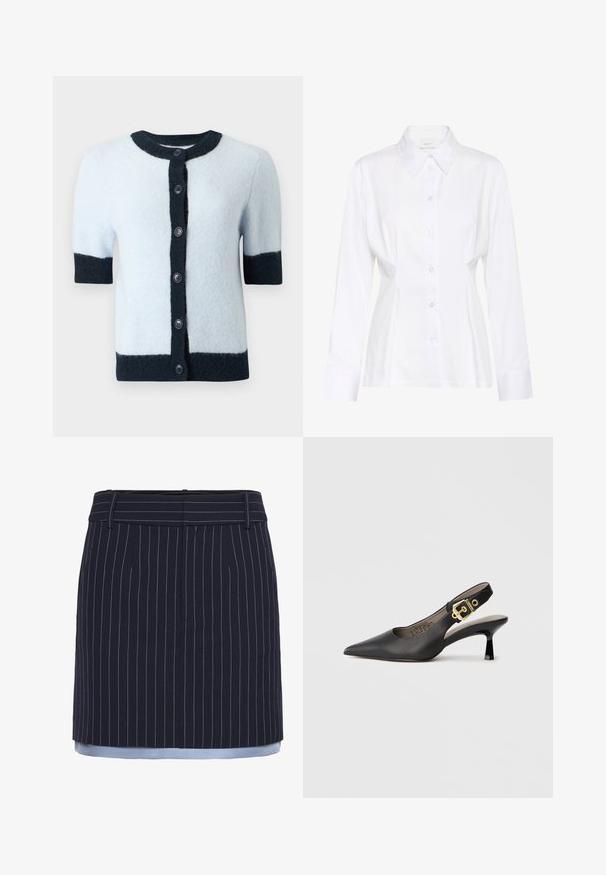 Cárdigan azul claro de manga corta con ribete negro en el cuello, línea de botones, puños y dobladillo, con seis botones negros en la parte delantera.; Blusa blanca de manga larga con botones, cuello puntiagudo, cintura ajustada y etiqueta visible de la marca "Gestuz" en el interior del cuello.; Falda de rayas navy con corte recto, con acentos en azul claro en el dobladillo, fabricada en un tejido texturizado y con una cinturilla ancha.; Zapato de tacón alto tipo slingback negro con punta afilada, textura de cuero suave y un acento de hebilla en tono dorado en la correa.