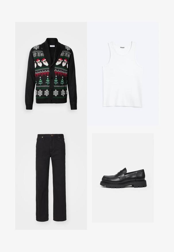 Sort cardigan med et festligt design prydet med nisseansigtter, juletræer og snefnug i hvide, røde og grønne strikkemønstre.; Hvid ærmeløs tanktop med rund halsudskæring og Weekday-mærke på den indvendige baghals, vist fladt på lys baggrund.; Sorte denimjeans med lige ben, forlommer, bæltestropper og knaplukning på ensfarvet baggrund.; Sort læderloafer med tyk rillede sål og penny-remdetalje, vist i højre sideprofil på hvid baggrund.