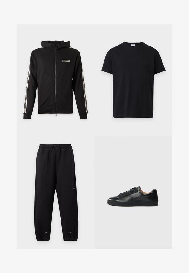 Veste noire zippée à capuche avec patch logo sur la poitrine et bandes de marque le long des manches.; T-shirt noir à manches courtes et col rond avec une petite étiquette blanche à l'intérieur du col, présenté à plat sur un fond blanc.; Pantalon de jogging noir avec taille et poignets élastiques, coupe slim, détails de couture discrets et petit logo blanc près des chevilles et de la cuisse.; Baskets en cuir noir avec une texture lisse, bout rond et fermeture à lacets. Comprend une semelle en caoutchouc épaisse et un minimum de détails de marque.