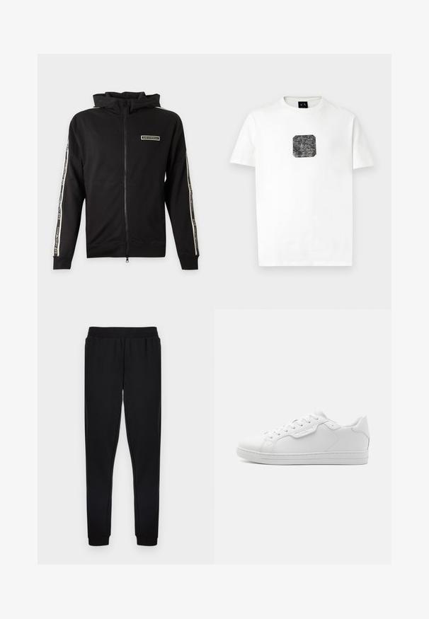 Zwarte capuchonjas met rits, logo op de borst en gebrande strepen langs de mouwen.; Witte t-shirt met korte mouwen met een kleine zwarte vierkante grafiek met witte stippen en de tekst "Armani Exchange" op de borst.; Zwarte joggingbroek met een elastische tailleband, taps toelopende pijpen en geribde enkels, gemaakt van zachte stof zonder zichtbare patronen.; Witte leren sneaker met een ronde neus, zes oogjes, platte veters en een minimalistisch ontwerp. Bevat een klein logo aan de zijkant.
