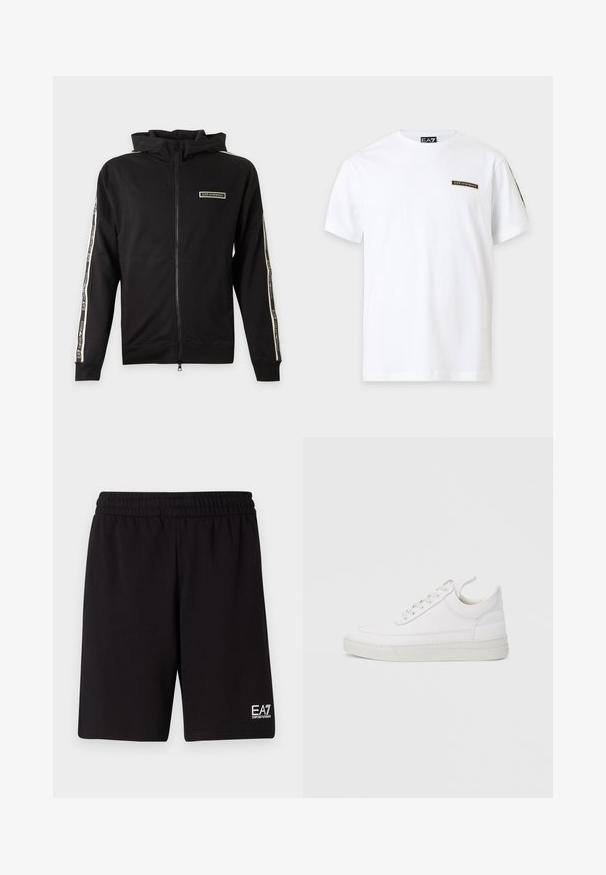 Must kapuutsiga lukuga jakk, rinnal logo-plaaster ja mansettidel bränditud triibud.; Valge lühikeste varrukatega T-särk väikese EA7 Emporio Armani logo plaastriga vasakul rinnal ja sisekraes kaubamärgiga sildiga.; Mustad mustad lühikesed püksid, mis on valmistatud pehmest kangast, elastse vöökoha ja väikese valge logoga alumisel paremal küljel.; Valge nahast tennisking ümarate varvastega, tasase tallaga ja eespaelaga. Omab õmbluste detaile ning pehmet ääreosa mugavuse tagamiseks.
