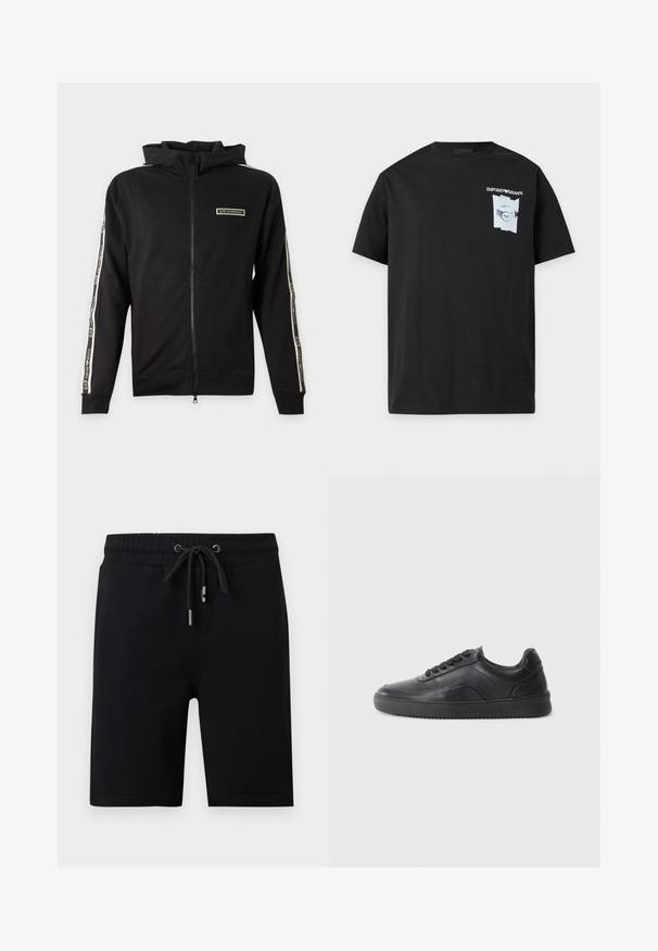 Veste noire zippée à capuche avec patch logo sur la poitrine et bandes de marque le long des manches.; T-shirt noir à manches courtes avec petit logo blanc Emporio Armani et motif sur la partie supérieure gauche de la poitrine.; Shorts noirs mi-genoux avec taille élastique et cordon de serrage noir à embouts métalliques, poches avant et texture de tissu lisse.; Chaussure de sport en cuir noir avec une finition lisse, bout arrondi, panneau latéral texturé et lacets noirs. Présente une semelle en caoutchouc plate et un design minimaliste.