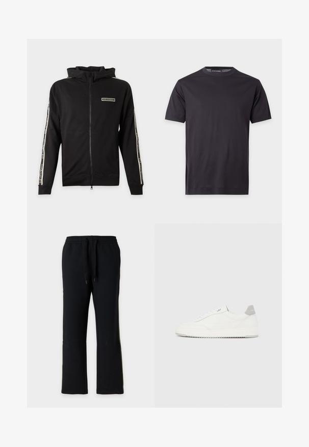 Veste noire zippée à capuche avec patch logo sur la poitrine et bandes de marque le long des manches.; T-shirt noir uni à manches courtes avec col rond, avec un petit logo ton sur ton sur la poitrine gauche et une étiquette de marque au niveau du col.; Pantalon de jogging noir à coupe droite avec taille élastique et cordons noirs, présenté sur un fond gris clair uni.; Baskets basses blanches avec un onglet de talon gris, des lacets blancs et une semelle texturée, présentées sur un fond uni clair.
