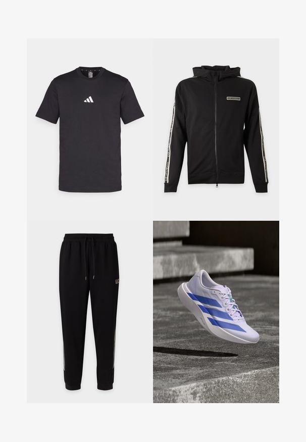 Zwarte capuchonjas met rits, logo op de borst en gebrande strepen langs de mouwen.; Zwarte katoenen T-shirt met korte mouwen, voorzien van een wit Adidas-logo op de borst. Klassiek ontwerp met ronde hals.; Zwarte taps toelopende joggingbroek met elastische tailleband, trekkoorden en een klein goudkleurig logo op de bovenkant van de linker dij.; Witte hardloopschoen met blauwe strepen zweeft boven betonnen trappen met schaduw eronder.
