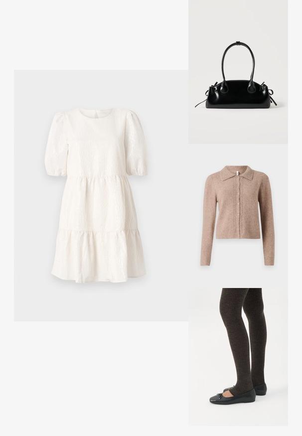 Beige gebreide cardigan met een kraag, voorzien van decoratieve knopen en subtiele versieringen aan de voorkant. Zachte textuur, geribbelde zoom.; Witte textuur jurk met een ronde hals, korte pofmouwen en een gelaagde, gerimpelde zoom. Beschikt over een sluiting aan de achterkant.; Benen met donkere geribbelde leggings gecombineerd met zwarte ballerina's met kleine strikdetails op een witte achtergrond.; Kleine zwarte glanzende handtas met twee lange hengsels en zijkant trekkoord details op een effen lichte achtergrond.