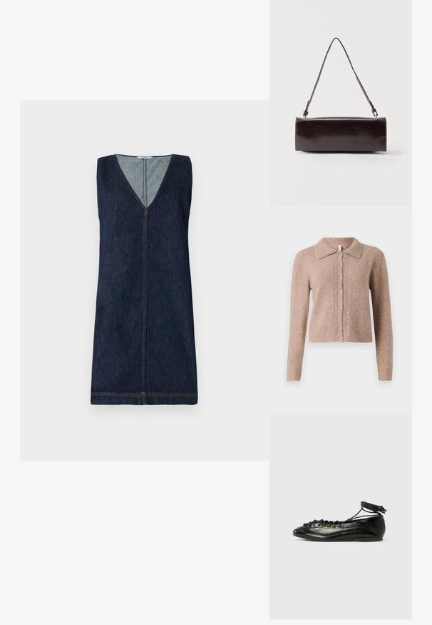 Beige neulecardigan, jossa on kaulus, koristeelliset napit ja hienovaraiset koristeet edessä. Pehmeä rakenne, ribbireuna.; Denim sleeveless dress, tummansininen, V-pääntie, etuvetoketju, vähäiset ompeluyksityiskohdat, suorasiluetti, sileä pinta.; Musta kiiltäväpäällysteiset balettitossut, joissa pyöreä kärki, nauhallinen malli ja litteä pohja. Sileä pinta, jossa vähän yksityiskohtia.; Suorakulmainen musta nahkainen käsilaukku, jossa on yksi pitkä hihna ja kiiltävä viimeistely, esitettyä yksinkertaista valkoista taustaa vasten.