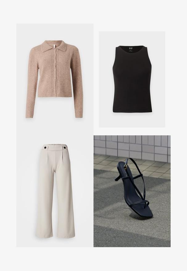 Beige strikket cardigan med krave, prydet med dekorative knapper og diskrete udsmykninger ned foran. Blød tekstur, ribbet kant.; Sort ærmeløs tætsiddende tanktop med rund halsudskæring, størrelse small, vist mod en lys baggrund.; Plisserede bukser med vidde i lys beige stof med en glat tekstur, der har en samlet talje og to sorte knapper i taljen.; Sort højhælet sandal med tynde stropper og et guldspænde, stående oprejst på en tekstureret belægning nær en flisebelagt væg.