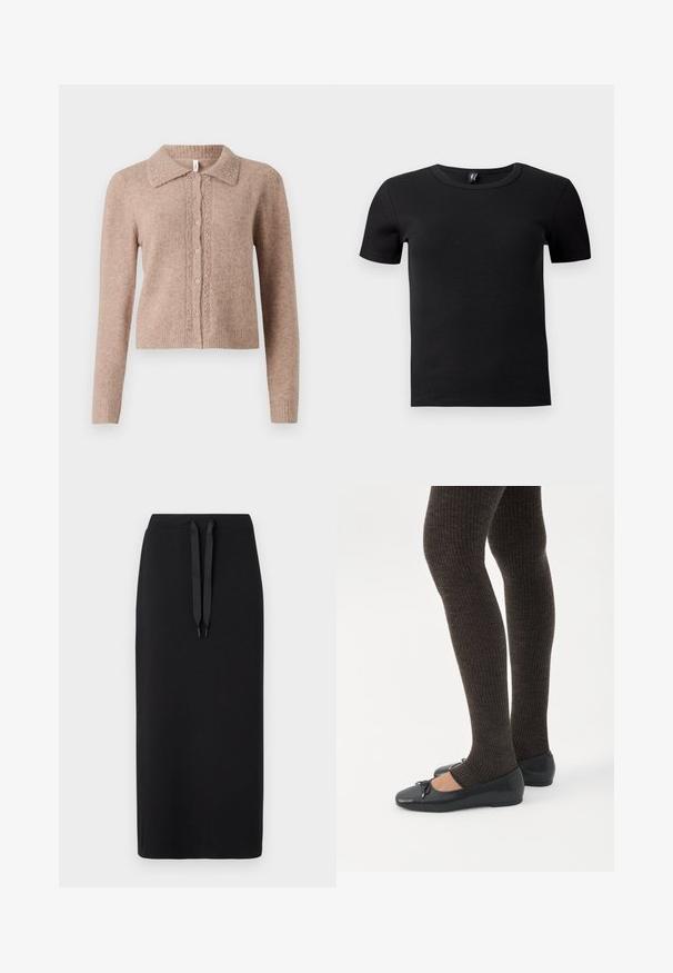 Cárdigan beige de punto con cuello, que presenta botones decorativos y sutiles adornos en el frente. Textura suave, dobladillo acanalado.; Camiseta negra de manga corta hecha de tela acanalada. Presenta un cuello redondo clásico y una silueta ajustada. Sin acentos adicionales.; Falda midi negra hecha de una tela suave, con una cintura ajustable con cordón. Diseño sencillo con una silueta recta y sin patrones adicionales.; Piernas con leggings oscuros acanalados combinados con bailarinas negras que presentan pequeños detalles de lazo sobre un fondo blanco.