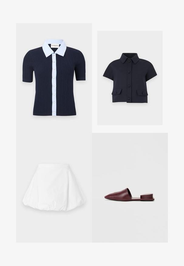 Marineblå, ribbet, kortærmet top med lyseblå stripedet krave og knapstolpe med hvide knapper.; Kortærmet cropped navy jakke med spids krave, frontknaplukning og to klaplommer med knapper.; Hvid boblenederdel med rynket kant og glat linning, vist på ensfarvet lysegrå baggrund.; Burgunderrøde læder slip-on mules med spids tå, åben hæl og polstret hæl accent. Glat tekstur og minimalistisk design.