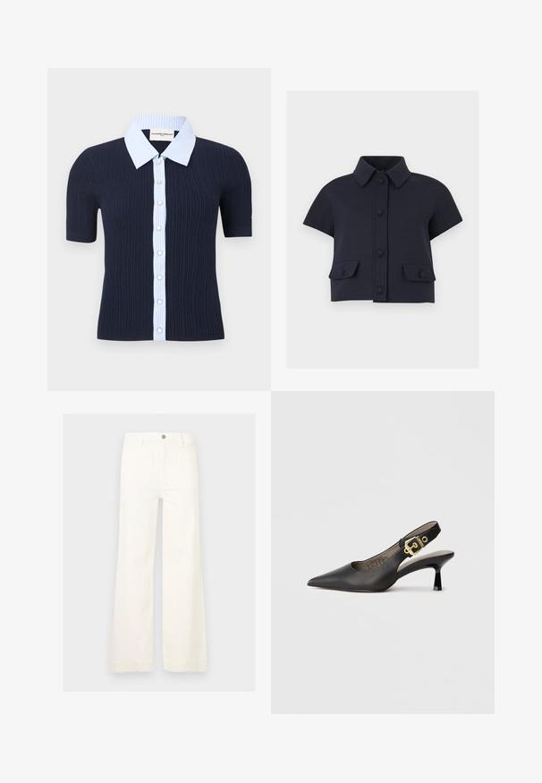 Haut côtelé bleu marine à manches courtes avec col rayé bleu clair et patte de boutonnage ornée de boutons blancs.; Veste courte bleu marine à manches courtes avec col pointu, fermeture boutonnée à l'avant et deux poches à rabat avec boutons.; Pantalon blanc à jambes larges en coton. Comprend un bouton à l'avant, des passants pour ceinture et deux poches arrière. Texture lisse avec une finition nette.; Chaussure à talon haut noire à bride arrière, avec un bout pointu, une texture en cuir lisse et une accent de boucle dorée sur la bride.