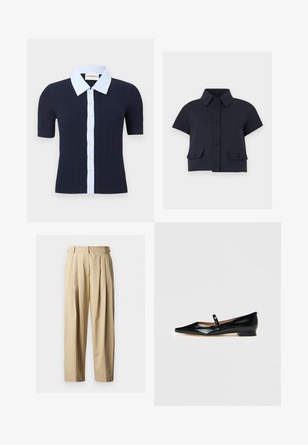 Haut côtelé bleu marine à manches courtes avec col rayé bleu clair et patte de boutonnage ornée de boutons blancs.; Veste courte bleu marine à manches courtes avec col pointu, fermeture boutonnée à l'avant et deux poches à rabat avec boutons.; Pantalon beige à taille haute plissé avec passants pour ceinture, fermeture éclair à l'avant et jambes larges et droites sur un fond uni.; Chaussure plate Mary Jane en cuir verni noir, à bout pointu, avec une seule sangle et un petit talon sur fond uni.