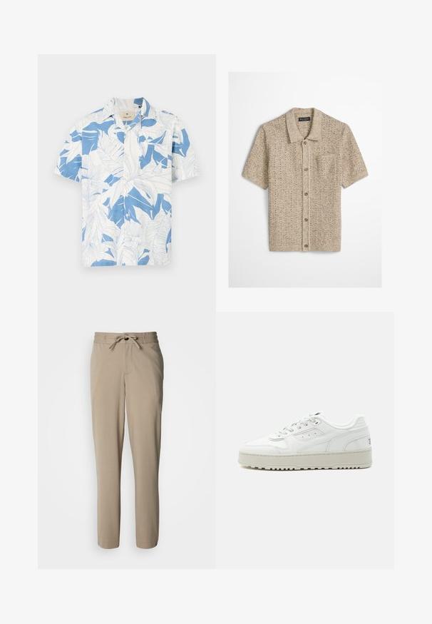 Cardigan de punto beige de manga corta con cuello, botones delanteros y un único bolsillo en el pecho, hecho de hilo texturizado.; Camisa de manga corta con un estampado de hojas tropicales en blanco y azul, hecha de una tela ligera. Cuenta con un collar clásico y un diseño de botones en la parte frontal.; Pantalones beige confeccionados con un tejido suave, que cuentan con cintura ajustable con cordón y un corte relajado, con piernas rectas y sin bolsillos visibles.; Zapatilla blanca de corte bajo con suela gruesa, cierre de cordones en la parte delantera, detalles perforados y cuello acolchado sobre un fondo gris claro liso.