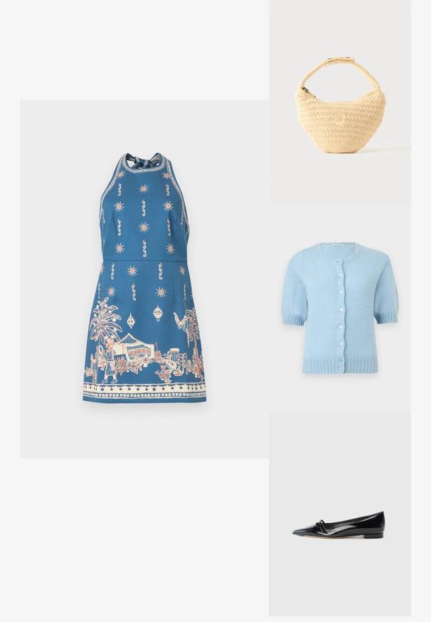 Kortærmet, lyseblå strikket cardigan med rund hals, ribkant ved ærmer og nederst samt syv knapper foran.; Blå halterneck-kjole med fersken- og hvide solmotiver samt en detaljeret ørkenmarkedsscene langs den nederste kant.; Sorte patentlæder flade sko med spids tå, lille dekorativ rem og lav blokhæl. Glat tekstur og strømlinet design.; Beige vævet håndtaske med afrundet krop, lynlås, og en kort, tyk strop i en enkel, tekstureret hæklestil.