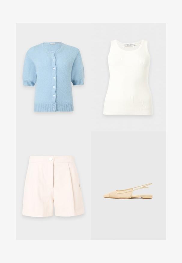Cárdigan de punto azul claro de manga corta con cuello redondo, puños y dobladillo acanalados, y siete botones delanteros.; Camiseta sin mangas blanca acanalada con cuello redondo, corte ajustado y etiqueta de la marca en el interior del cuello trasero.; Pantalones cortos plisados beige hechos de una tela ligera, con cierre de botón y líneas limpias y ajustadas. Textura suave y diseño minimalista.; Zapato plano tipo slingback en beige claro con parte superior de malla, punta afilada y tacón bajo. Cuenta con una correa ajustable para un mejor ajuste.