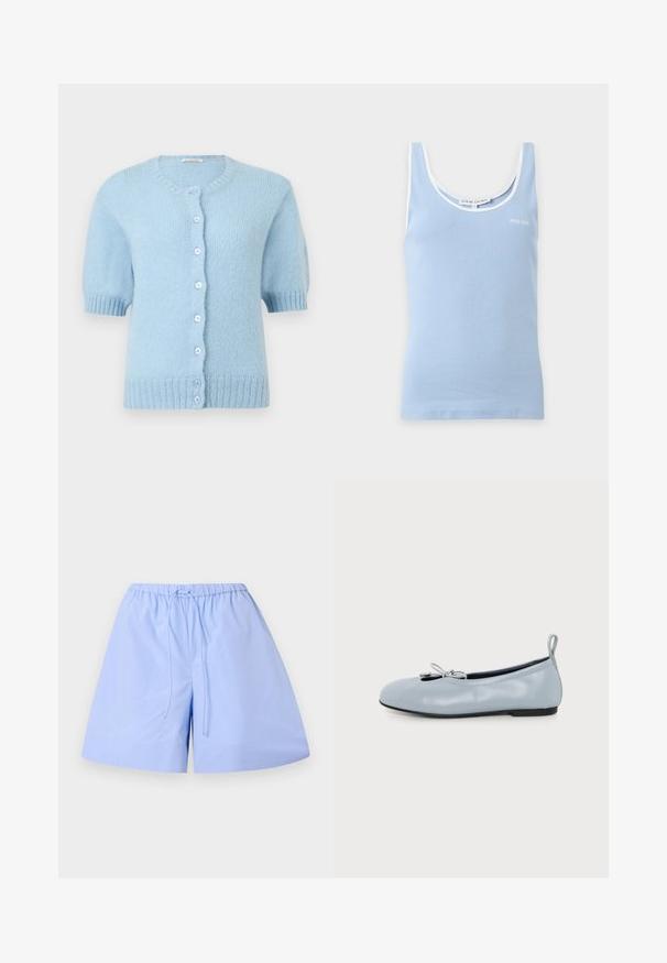 Leichtes, kurzärmeliges Strickcardigan in Hellblau mit Rundhalsausschnitt, gerippten Bündchen und Saum sowie sieben Knöpfen vorne.; Hellblaues geripptes Tanktop mit weißem Besatz am Ausschnitt und an den Ärmeln, mit kleinem "Stine Goya" Logo auf der Brust.; Helle blaue Baumwollshorts mit einem gestreiften Muster, elastischem Bund und verstellbarem Kordelzug. Bieten eine lockere Passform und eine glatte Textur.; Hellblaue Leder-Ballerina mit kleinem Schleifchen oben, abgerundeter Spitze, schwarzer Sohle und Zuglasche an der Ferse.