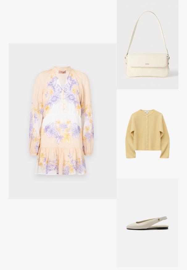 Lys gul cardigan med lange ærmer, knapper og rund halsudskæring samt blød strikket tekstur.; TWINSET DRESS - Hverdagskjole - lavender/yellow; Flatsko i cremefarvet læder med rundet tå og lille guldemblem på remmen.; Cremefarvet læder skuldertaske med flaplukning, sølvfarvet beslag, en enkelt justerbar rem og diskrete logodetaljer.