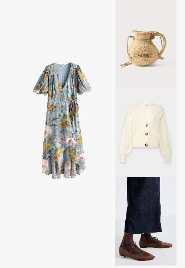 Cremefarvet strik cardigan med dyb V-hals, fire store, runde marmorknapper og puffede ærmer. Korte længde med ribbede manchetter og kant.; Lyseblå omslagskjole med korte pufærmer og et blomsterprint i gult, pink og grønt, med bånd i siden og V-udskæring.; Brune læderballerinaer med spids toe og narrestreger, parret med en mørk denimnederdel med frynset kant og søm ved siden af.; Rund flettet stråtaske med håndtag af reb og "ALEMAIS" broderet på siden med brunt garn.
