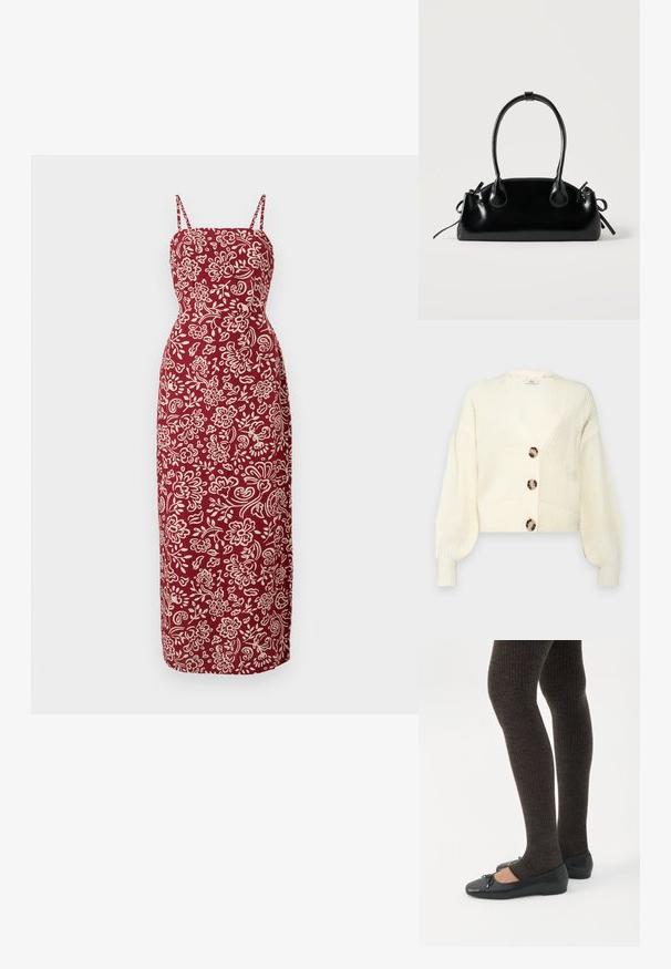 Cárdigan de punto crema con escote en V profundo, cuatro grandes botones redondos de mármol y mangas abullonadas. Longitud corta con puños y dobladillo acanalados.; Vestido Maxi de un profundo color rojo, con un corsé ajustado y tirantes finos. Presenta un patrón floral blanco y una silueta recta.; Piernas con leggings oscuros acanalados combinados con bailarinas negras que presentan pequeños detalles de lazo sobre un fondo blanco.; Pequeño bolso negro brillante con dos asas largas y detalles de cordón lateral sobre un fondo claro liso.