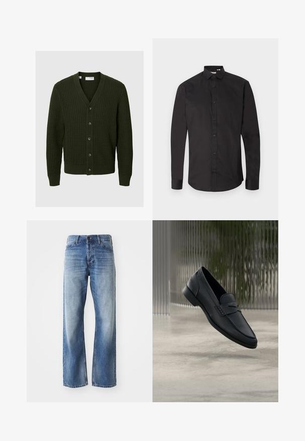 Groene gebreide cardigan met V-hals, knopen aan de voorkant en geribde manchetten en zoom. Geweven stof met een wafelpatroon doorheen.; Zwarte longsleeve van glad katoen, met een knoopsluiting aan de voorkant, klassieke kraag en afgeronde zoom. Eenvoudig ontwerp, geen patronen.; Blauwe denim straight-leg jeans met lichte vervaging op de dijen en knieën, met vijf zakken en een knoopsluiting.; Zwarte leren loafer met een gladde afwerking, puntige neus en gestikte details over de wreef. Lage hak en minimalistisch ontwerp.