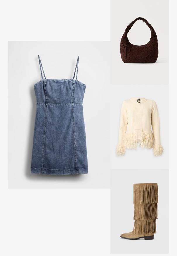 Pull à manches longues de couleur crème avec franges en fil texturé sur les poignets et l'ourlet, avec une fermeture à un bouton près du col.; Robe en jean à fines bretelles, corsage ajusté et jupe évasée. Présente une teinte bleu foncé avec des coutures décoratives le long des coutures.; Bottes hautes en suède taupe avec franges, présentant des franges superposées, un orteil pointu et un petit talon en bois pour plus de stabilité.; Sac à épaule en cuir tressé marron foncé avec une forme douce et arrondie et une large anse, avec une petite étiquette en cuir attachée.