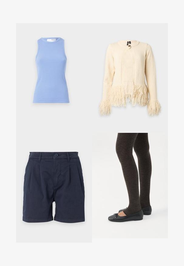 Jersey de manga larga color crema con flecos de hilo texturizado en los puños y el dobladillo, y cierre con un botón cerca del cuello.; Top sin mangas de canalé azul claro con cuello redondo. Presenta una silueta ajustada y una textura suave.; Pantalones cortos azul marino de tejido trenzado, con cierre frontal de botón, diseño plisado y bolsillos laterales. Dobladillo limpio en las aperturas de las piernas.; Piernas con leggings oscuros acanalados combinados con bailarinas negras que presentan pequeños detalles de lazo sobre un fondo blanco.