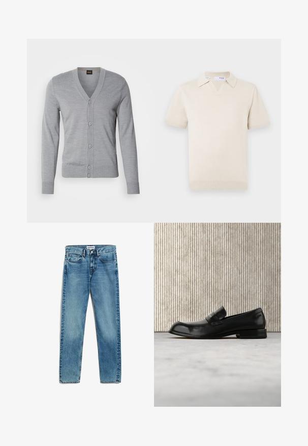 Lichtgrijze cardigan met een V-hals, knoopsluiting aan de voorkant, geribbelde manchetten en zoom. Zachte stof met een gladde textuur, geschikt voor het lagen.; Roomkleurige korte mouw gebreide polo met een V-hals en kraagontwerp. Heeft geribbelde boorden en zoom, gladde textuur.; Lichtblauwe spijkerbroek met een rechte snit, voorzien van vijf zakken, een ritsluiting en subtiele vervaging op de stof. Metaal knoopsluiting.; Zwarte leren loafer met metalen accent, zwevend weergegeven boven een beige tapijt, met een ronde, amberkleurige tafel op de achtergrond.