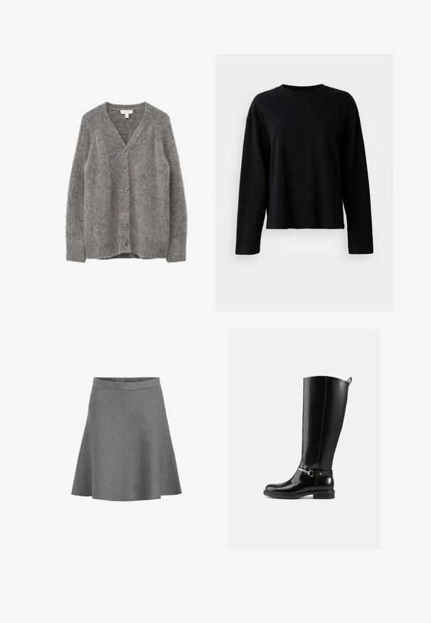 Cardigan gris et duveteux à col en V, avec six boutons sur le devant et des poignets et un ourlet côtelés. Texture en tricot douce.; T-shirt noir à manches longues en tissu léger et doux, avec un col ras du cou et une coupe décontractée, présentant des détails de coutures minimaux.; Jupe grise évasée en tissu doux, dotée d'une taille lisse et d'un ourlet qui s'évase doucement, avec une texture subtile et sans motifs.; Bottes noires montantes en cuir verni, avec un détail de boucle argentée à la cheville et une conception à bout arrondi. Semelle plate.
