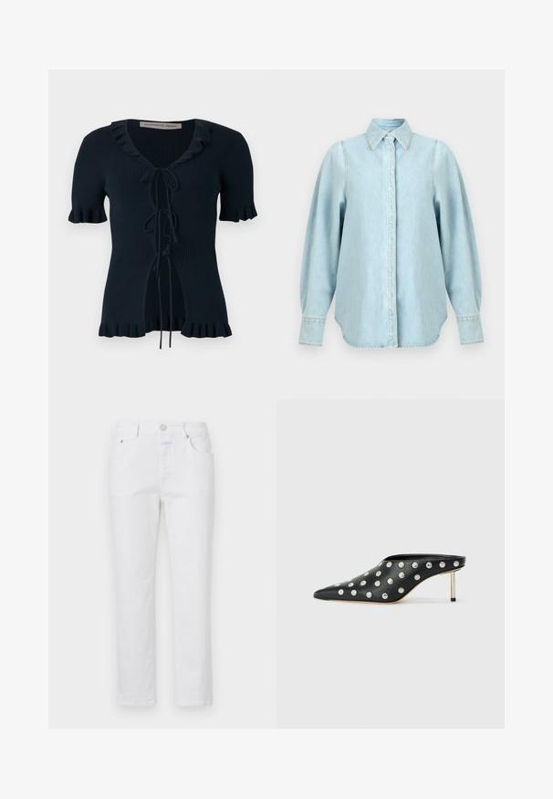 Marineblauer, gerippter Kurzarm-Cardigan mit Rüschensaum, tiefem V-Ausschnitt und drei vorderen Binderverschlüssen, offen in der Taille.; Hellblaues Jeanshemd mit langen, aufgeplusterten Ärmeln, spitzem Kragen, geknöpften Manschetten und verdeckter vorderer Knopfleiste.; Weiße Jeans mit geradem Bein, fünf Taschen und einem Metallknopfverschluss. Verfügt über eine dezente Textur und helle Nähte.; STAND STUDIO KELSEY - Pantolette hoch - black