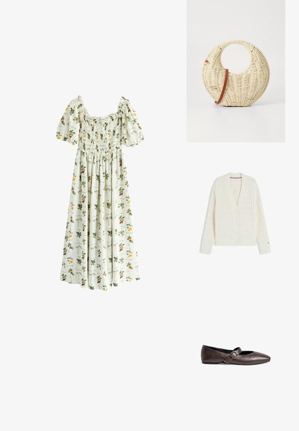 Strikket cardigan i cremefarve med kabelmønster, ribstrikket krave og manchetter, fire knapper foran og et lille logo på venstre ærme.; Hvid maxikjole med puffede ærmer, smocked krop og flerfarvede blomster- og frugtmønstre med kursiv skrift.; Brune læder flade sko med rund tå og en justerbar spænde rem over midtfoden. Glat tekstur og minimalistisk design.; Rund flettet taske i naturligt strå med en tekstureret overflade. Har en glat brun læderrem og et cirkulært håndtag.