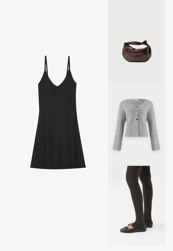 Cárdigan gris corto hecho de material suave con un cuello redondo, que presenta cinco botones en diferentes tonos de gris y mangas largas.; Vestido deslizante negro de canalé con escote en V y tirantes finos ajustables. Presenta un corte relajado, que cae por encima de las rodillas, con un diseño minimalista.; Piernas con leggings oscuros acanalados combinados con bailarinas negras que presentan pequeños detalles de lazo sobre un fondo blanco.; Bolso de hombro de cuero marrón oscuro con una forma suave y caída, y un asa con nudo torcido sobre un fondo blanco liso.