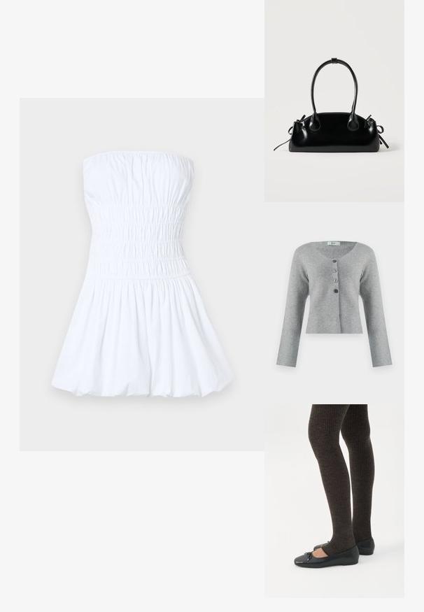 Grå cropped cardigan lavet af blødt materiale med en rund halsudskæring, der har fem knapper i varierende nuancer af grå, og lange ærmer.; Hvid stropfri kjole med en smocket liv og udvidet nederdel. Lavet af letvægts bomuld, har den en glat tekstur og en afslappet pasform.; Ben iført mørke ribbede leggings kombineret med sorte balletsko med små sløjfedetaljer på hvid baggrund.; Lille sort blank håndtaske med to lange håndtag og snøre-detaljer i siden på en ensfarvet lys baggrund.